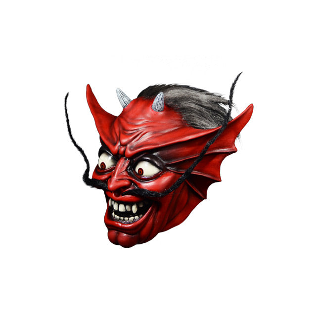Mask, left side view. Red devil face, black and gray hair, white horns, large red ears, white eyes with red irises, long upturned black moustache, menacing smile with large white teeth, cleft chin.