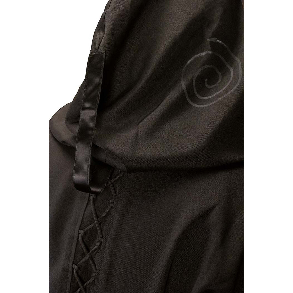 Close up of lacing on back, and black on black spiral detailing on hood.