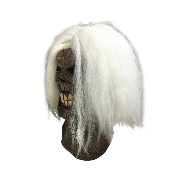 Mask, head and neck, left side view. Iron Maiden Eddie, long white hair, black eyes, menacing smile.