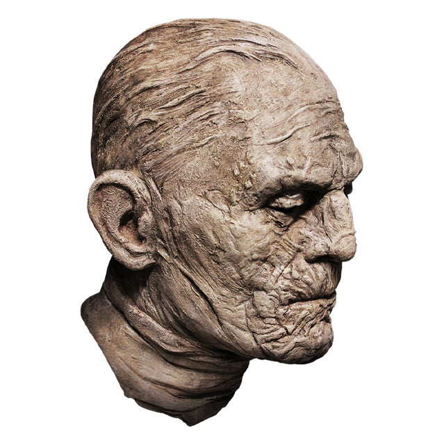 Mask, head and neck, right view. Mummy face, gray wrinkled skin eyes mostly closed.