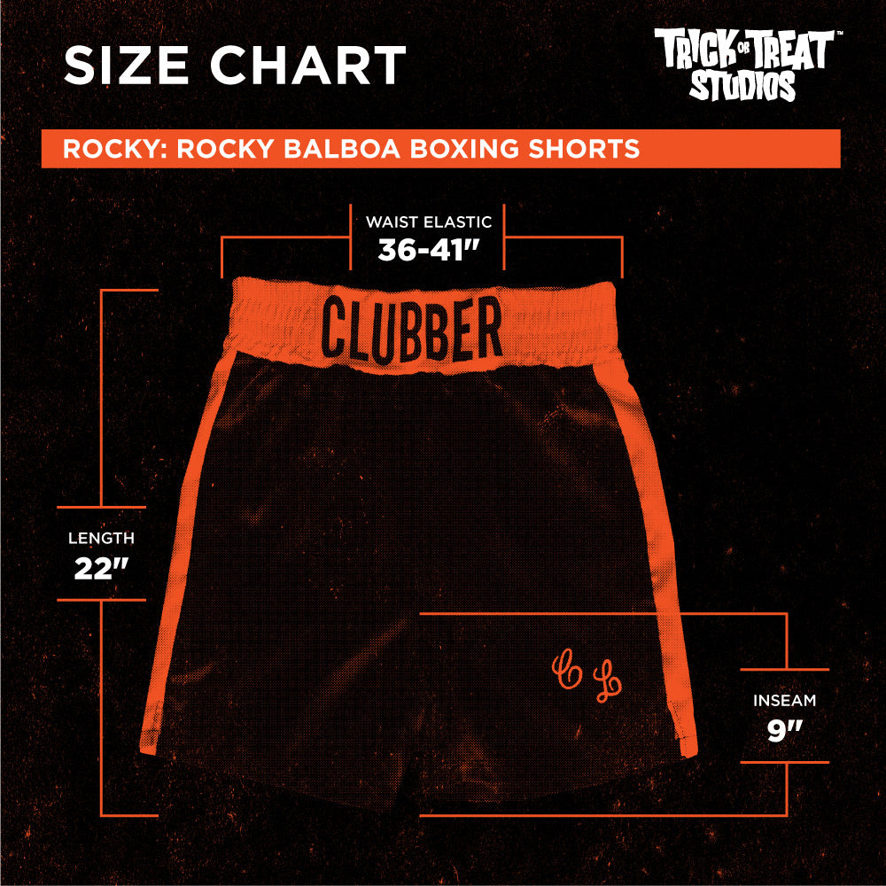 Black background orange accents. White text reads, Size chart, Trick or Treat Studios, Rocky Apollo Creed Boxing Shorts. Waist elastic 36 to 41 inches, length 22 inches, inseam 9 inches.