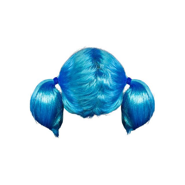 Mask, back view. Blue wig in two ponytails.
