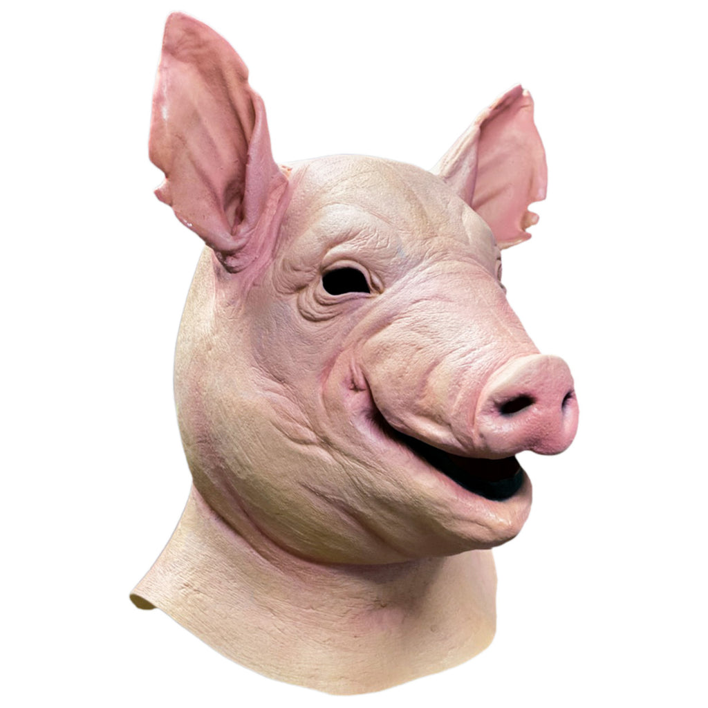 Mask, head and neck, right side view. Pink pig face, mouth slightly open.
