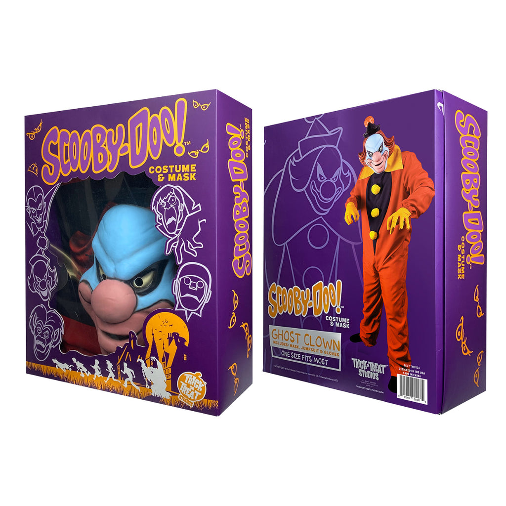 Product packaging. Purple background, yellow text reads Scooby-doo costume and mask. Window in box shows mask. Trick or Treat Studios logo. Back of box showing person wearing costume and mask. Manufacturing and licensing information.