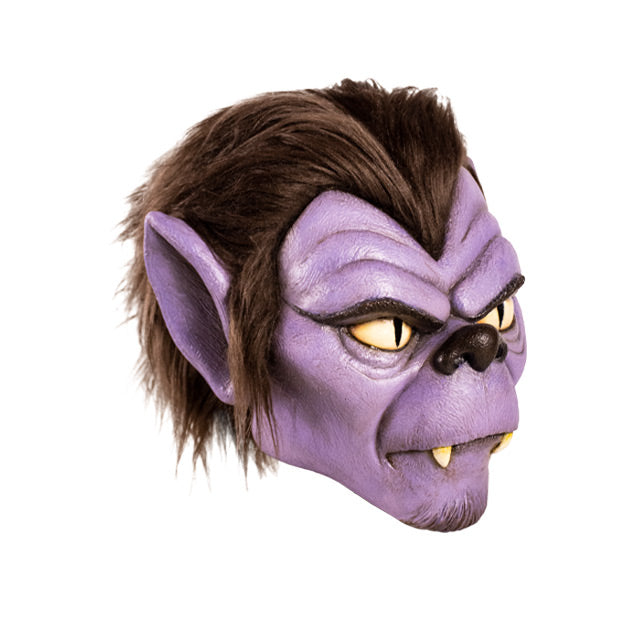 Mask right side view. Cartoon Wolfman face. Brown hair, purple skin, brown eyebrows and nose, pointed ears, fangs.