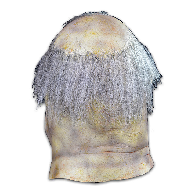 Mask, head and neck, back view. Blue and yellow discolored skin.  Rotting and bloated waterlogged flesh. Salt and pepper hair, bald on top. 
