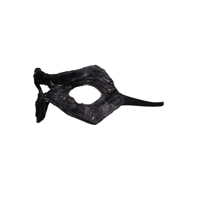 Black eye mask. left view. Textured to look like distressed and aged leather.