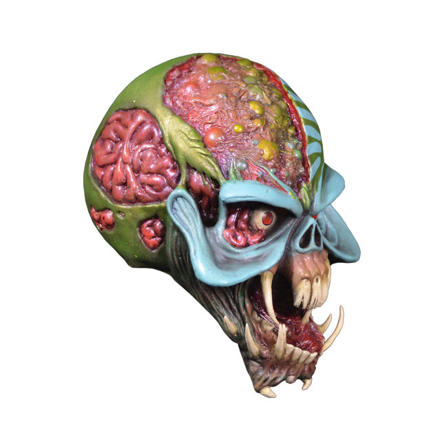 Mask, right side view. Iron Maiden Eddie, red eyes, multi colored skull like face, Monstrous alien mouth.