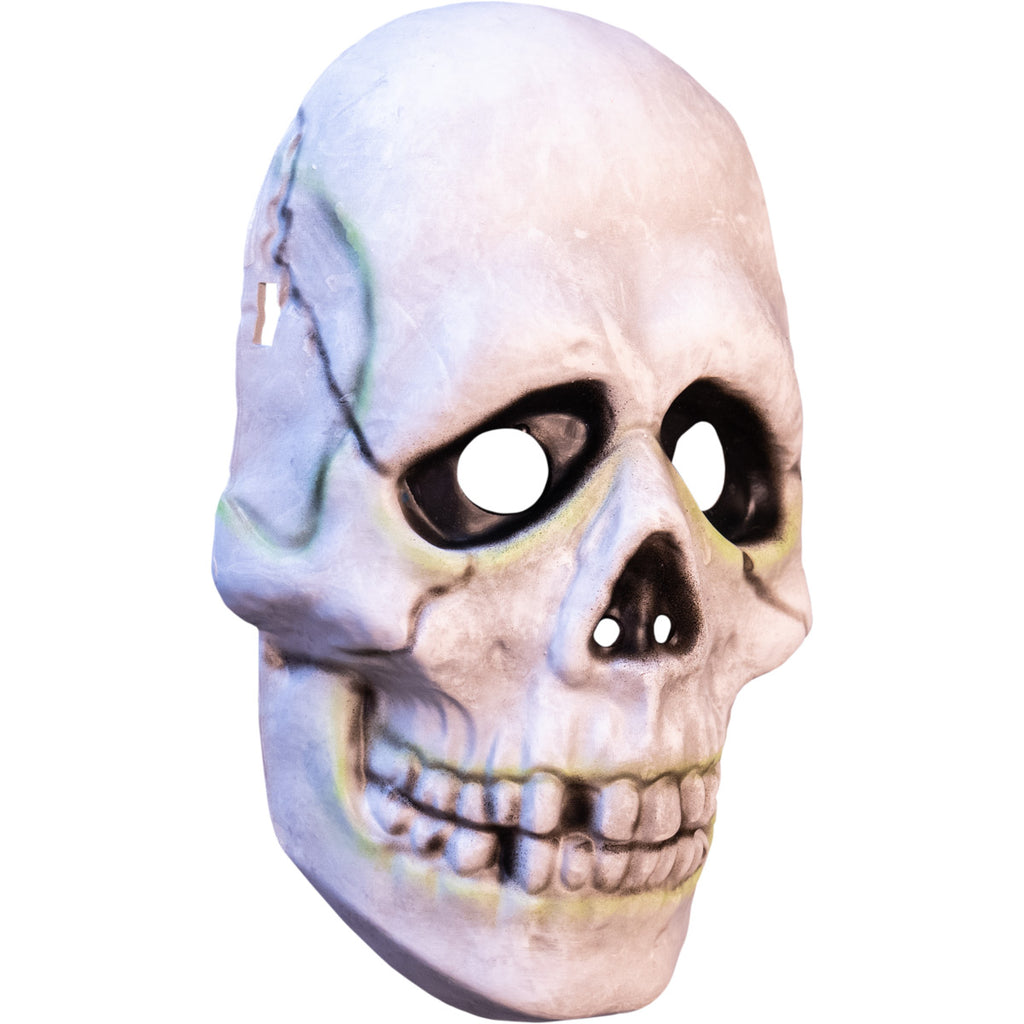 Plastic skull face mask, right side view. White skull face. black shading.