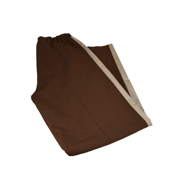 folded brown pants tan stripes down sides.