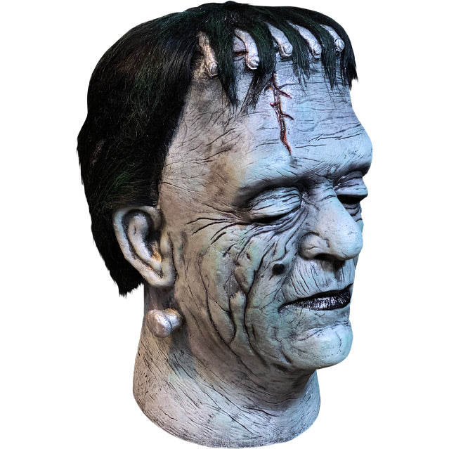 Mask, head and neck, right view. Pale gray wrinkled skin, short black hair, metal brackets across top of forehead, wound on right side of forehead, heavy brow, dark circles around eyes, black mole on right cheek, dark lips, metal bolts on sides of neck.
