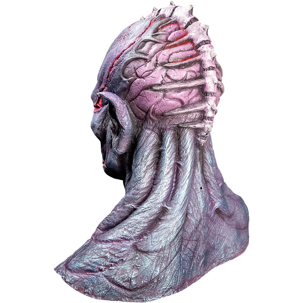 Mask, back left view, head, neck and upper chest. Silvery gray skin with bulging veins, bald with spine like ridge on back of head, appearing over pink brain-like structure, pointed ears.