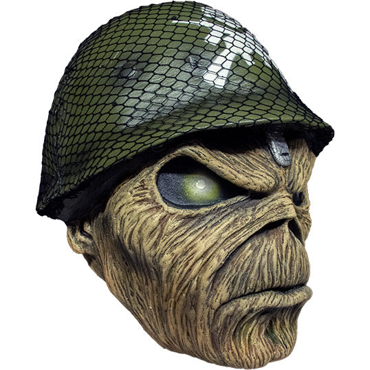 Mask, right side view. Iron Maiden Eddie, green eyes, wearing green military helmet.