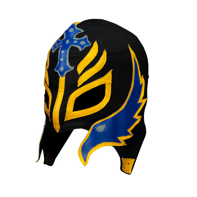 Left view. Black cloth mask with blue and yellow sewn on embellishments.