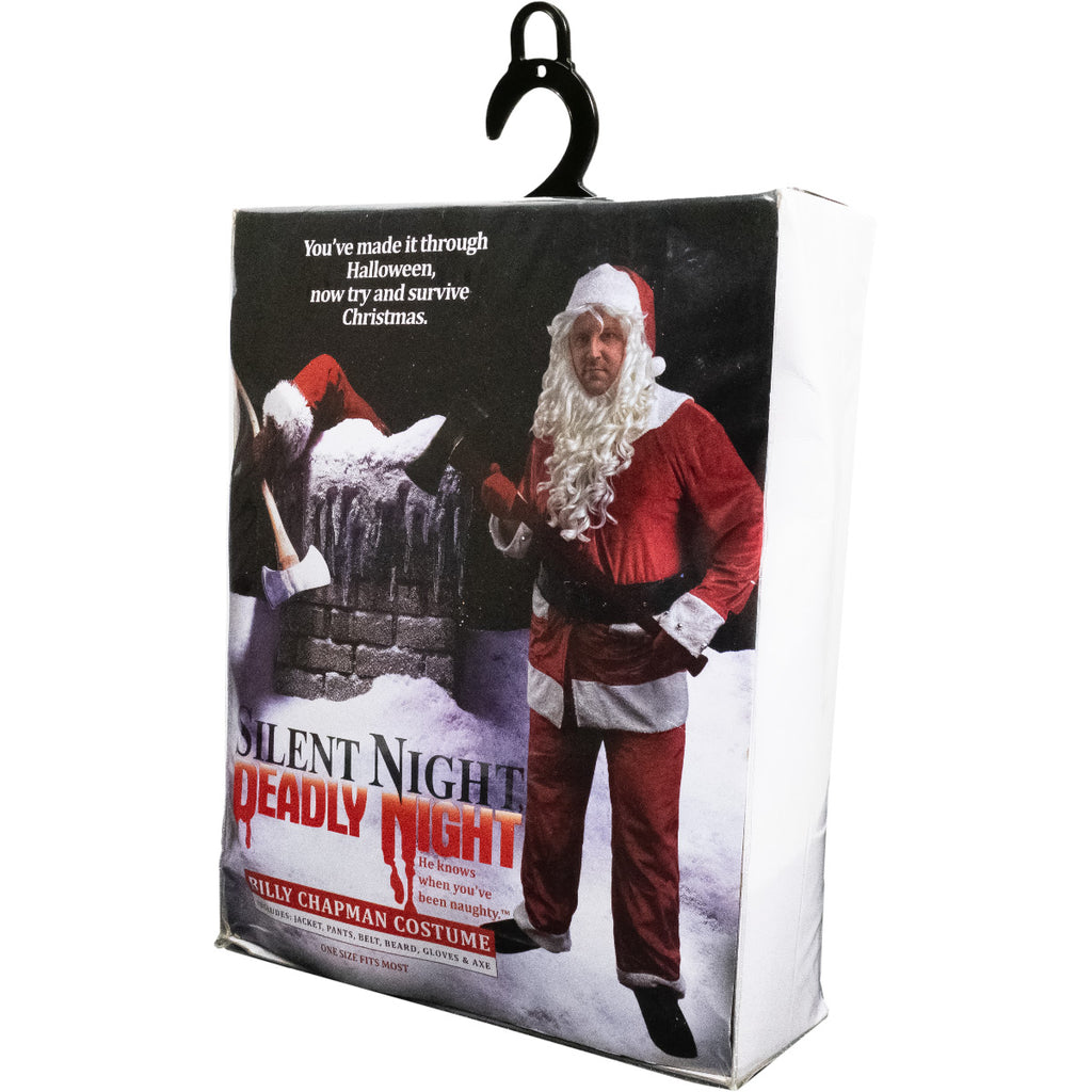 Product packaging. Showing person in costume. Text reads, You've made it through Halloween, now try and survive Christmas. Silent Night Deadly night, Billy Chapman costume.