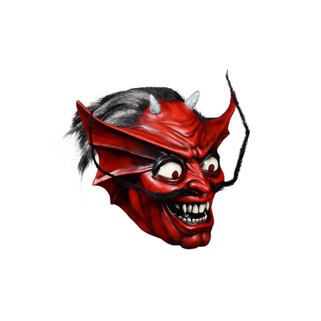Mask, right side view. Red devil face, black and gray hair, white horns, large red ears, white eyes with red irises, long upturned black moustache, menacing smile with large white teeth, cleft chin.