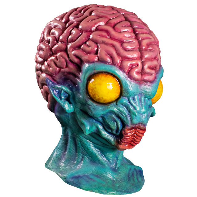 Mask, head and neck, right side view. Pink brains above forehead, blue skin on face, pointed ears. large round yellow eyes, insect-like red mouth, skin wrinkled on lower face.