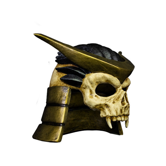Plastic mask, Right side view. Covers upper face and head. Skull with fangs, no bottom jaw. Wearing gold and black helmet.