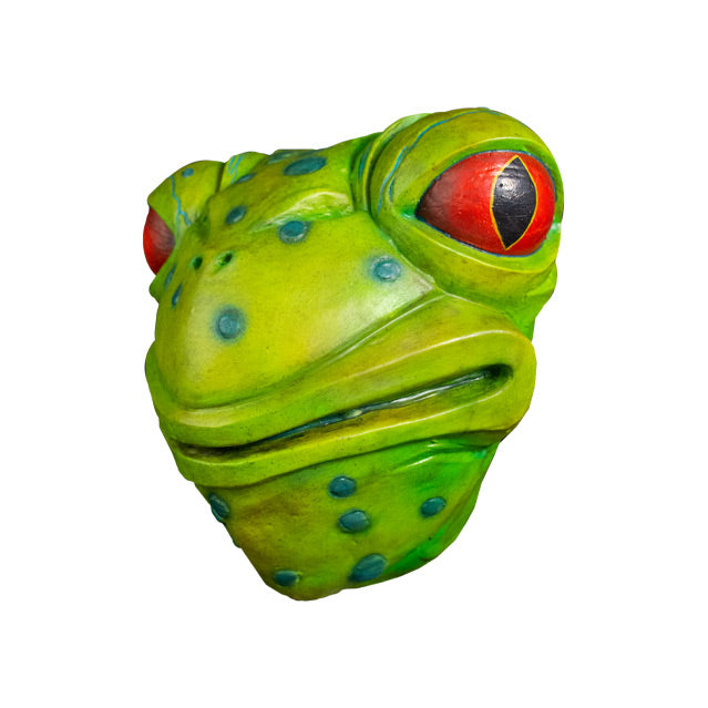 Mask, left view. Bright green frog face with blue spots, large red eyes, 2 small nose holes between eyes. Large, wide mouth and neck.