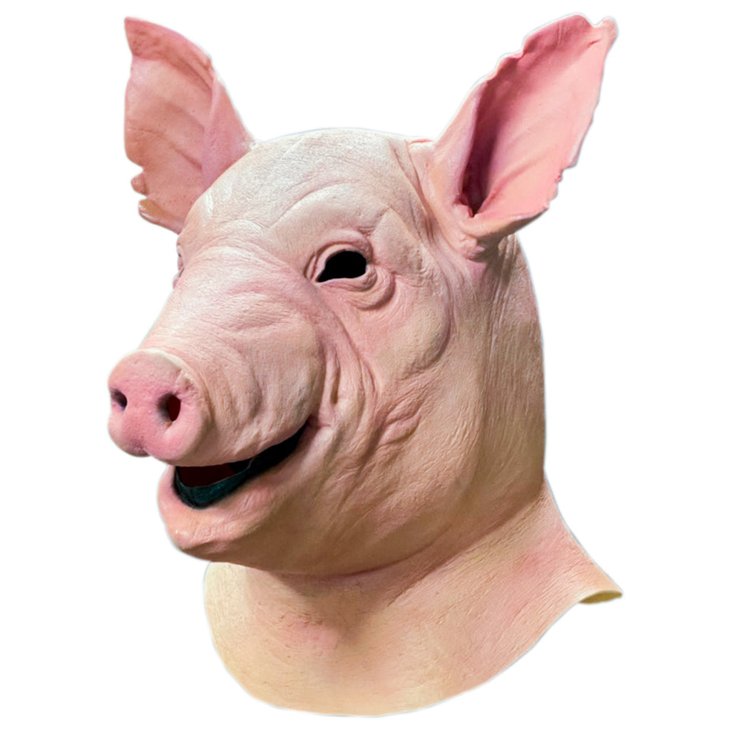Mask, head and neck, left side view. Pink pig face, mouth slightly open.