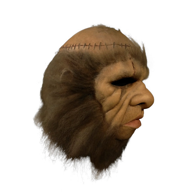 Monster mask front view, stitched scalp, thick brown hair around entire face, large nose and lips, scar across right eye.