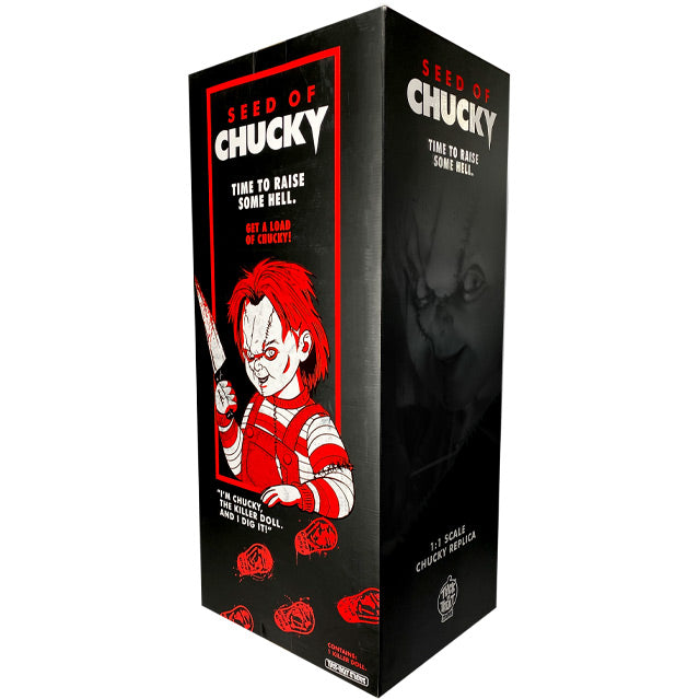 Product packaging, back, black box, red and white illustration of Chucky holding knife., Text reads, Seed of Chucky, Time to raise some hell, Get a load of Chucky! "I'm Chuck, the killer doll, and I dig it! Side of box text reads Seed of Chucky, time to raise some hell, 1/6 scale Chucky replica.  White Trick or Treat Studios logo..