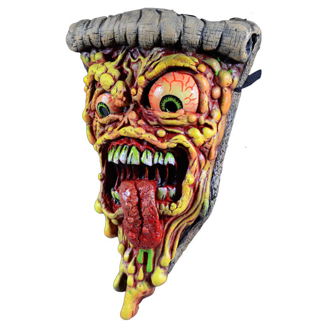 Mask, left side view.  Gross pizza face, bloodshot green bulging eyes, open mouth, green stained cracked teeth, tongue sticking out, bubbly dripping cheese.