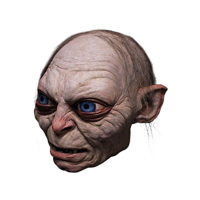 Mask, slight left view. Gollum, wrinkled grimacing face, large bright blue eyes, mouth slightly open, crooked teeth. stringy, sparse brown hair.