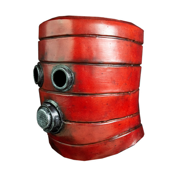 Mask, left side view. Red distressed, cylindrical, helmet-like mask. Two silver metallic circles for eyes. Mouth is silver metallic circle with metallic filter.