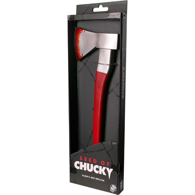 Product in packaging. Axe prop, left side view. Brown handle, silver axe head, dried blood on blade. Text on box reads Seed of Chucky, Glen's Axe Replica.  White Trick or Treat Studios logo.