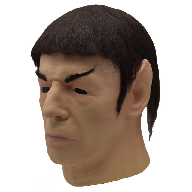 Mask, head and neck, left side view. Spock face, black hair, upturned black eyebrows, pointy ears.
