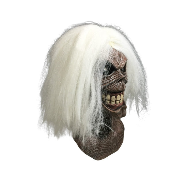 Mask, head and neck, right side view. Iron Maiden Eddie, long white hair, black eyes, menacing smile.