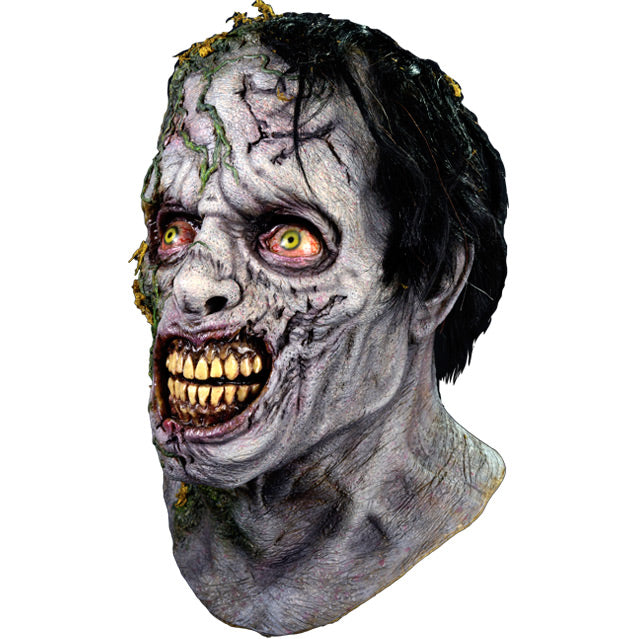 Mask, head and neck. Left view. Gray decayed flesh, short black hair. Moss on right side of forehead, face and neck. Dark circles around bloodshot yellow eyes. lips shriveled showing dark gums and large yellowed teeth.