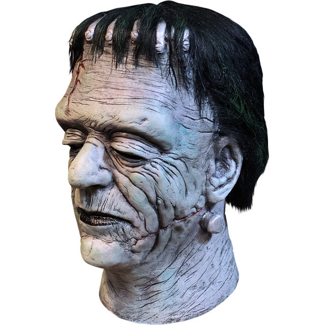 Mask, head and neck, right view. Pale gray wrinkled skin, short black hair, metal brackets across top of forehead, wound on right side of forehead, heavy brow, dark circles around eyes, large scar across jawline, dark lips, metal bolts on sides of neck.