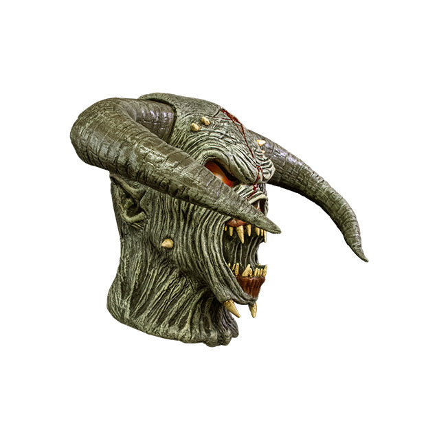 Mask, head and neck, right side view. Iron Maiden Eddie demon. Red eyes, large curved horns, pointed ears, wide open mouth with large sharp teeth.