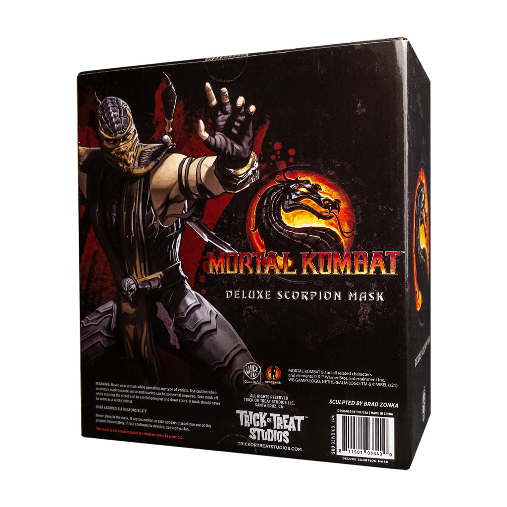 Product packaging, back. Shows illustration of Mortal Kombat Scorpion character.  Text reads Mortal Kombat Deluxe Scorpion mask.  Manufacturing and licensing information.