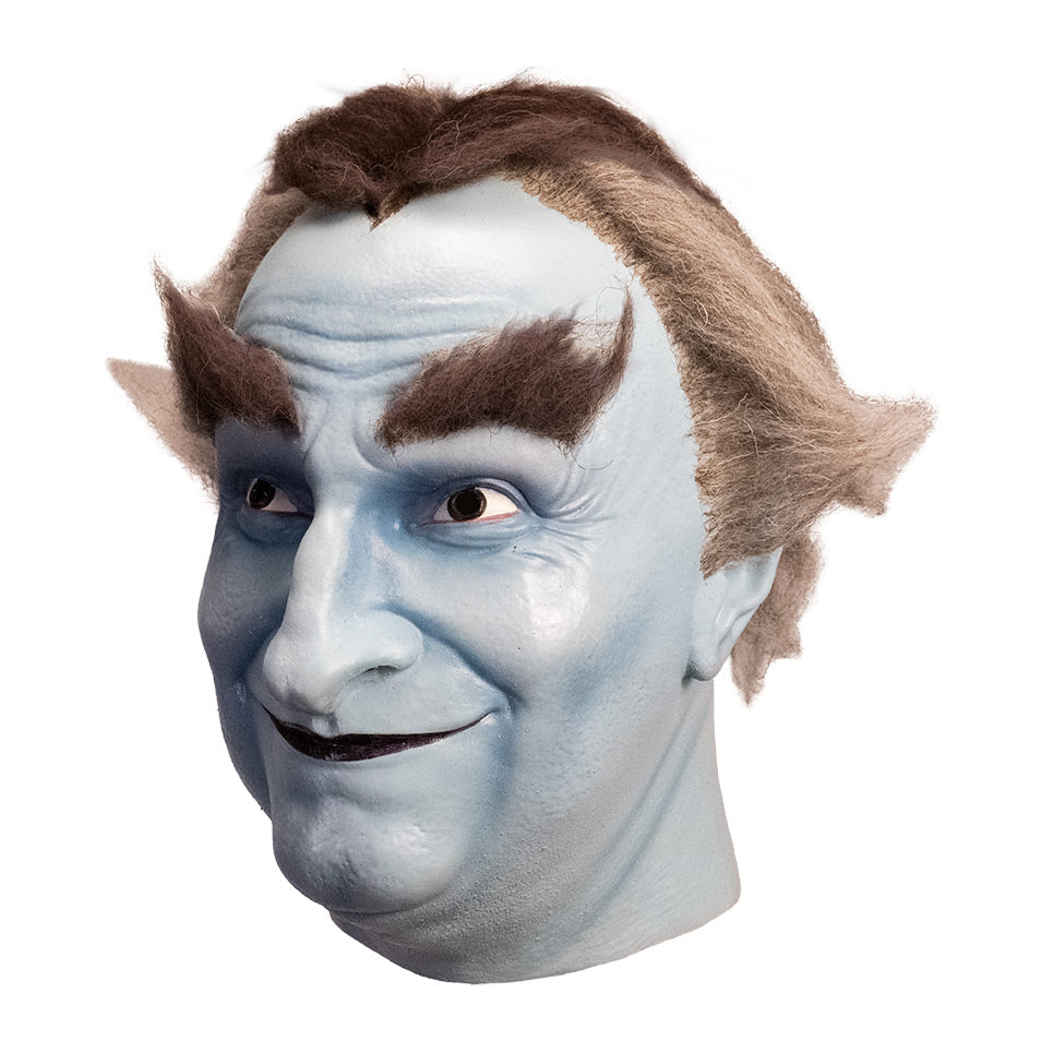Mask, head and neck, left side view. Grandpa Munster, white-blue skin, wrinkled forehead. Brown and gray hair on head, bushy brown eyebrows, brown eyes. Mouth closed, smiling, black lips.
