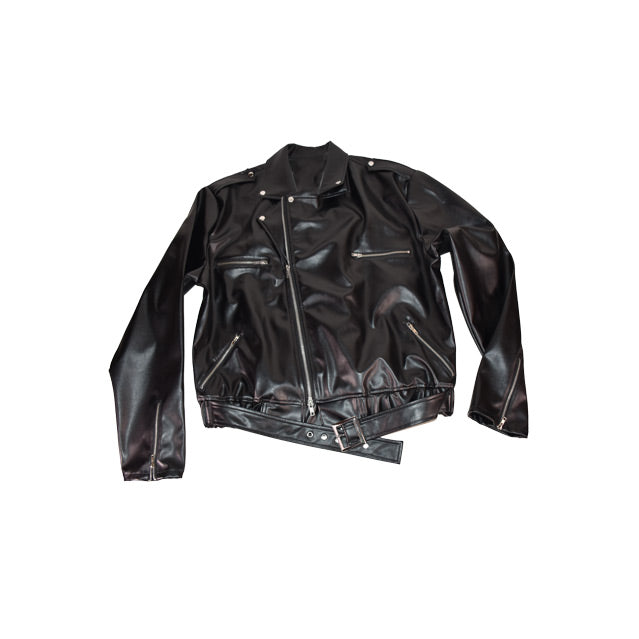 black fake leather jacket with silver zippers and buckle.