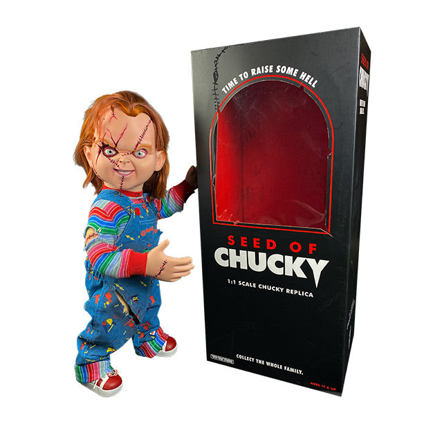 Seed of Chucky doll, right side view. Scarred Chucky, red hair, blue eyes, scarred and stitched face. Stitches on right hand. Wearing a red, white, blue and green striped shirt, ripped blue overalls with red buttons, red Good Guys printed on pocket, red and white sneakers. Standing next to product packaging, black window box, red inside, Text reads, Time to raise some hell, Seed of Chucky, 1/6 scale Chucky replica, collect the whole family.