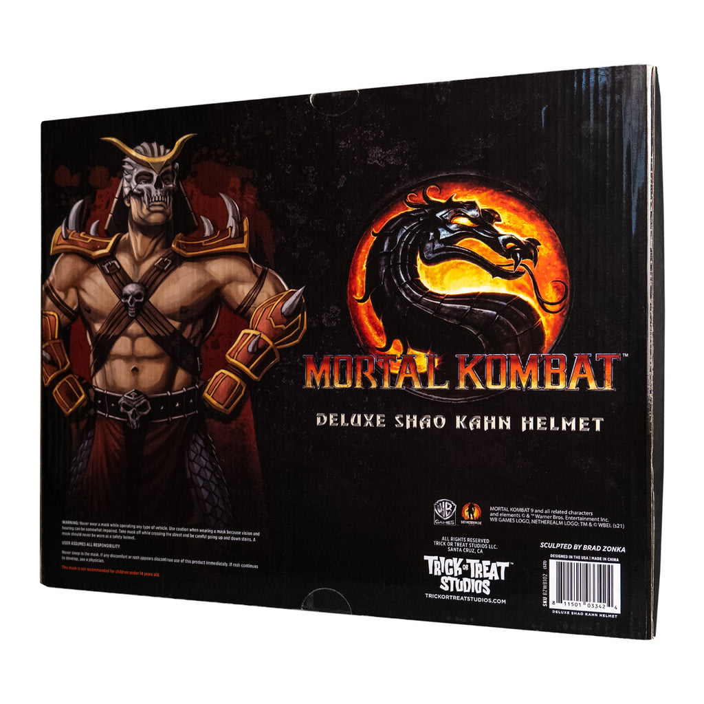 Product packaging, back.  Illustration of Shao Kahn character.  Text reads Mortal Kombat, Deluxe Shao Kahn Helmet.  Manufacturing and licensing information.