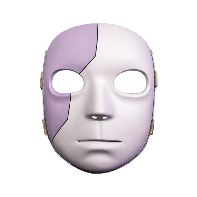 Plastic Mask, front view. Gray and white face, blank expression, large empty eye holes. 