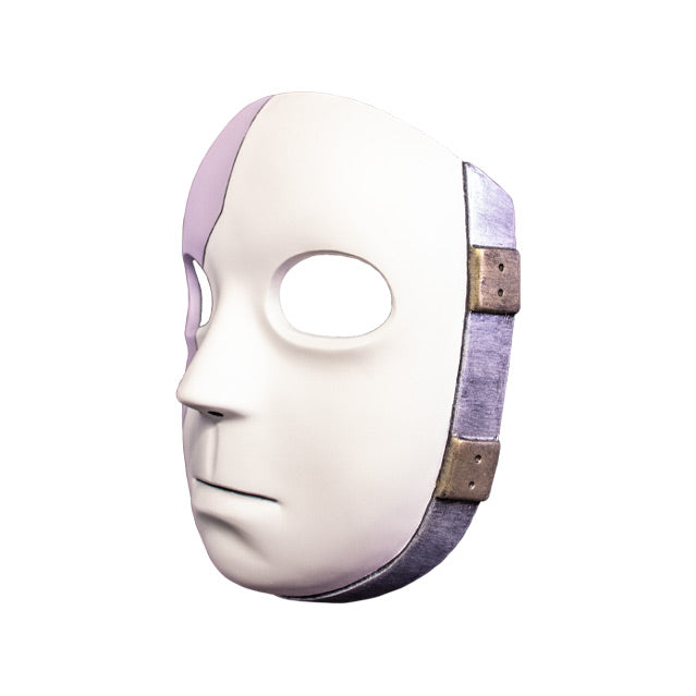 Plastic Mask, left side view. Gray and white face, blank expression, large empty eye holes. Gray and gold band around border of mask.