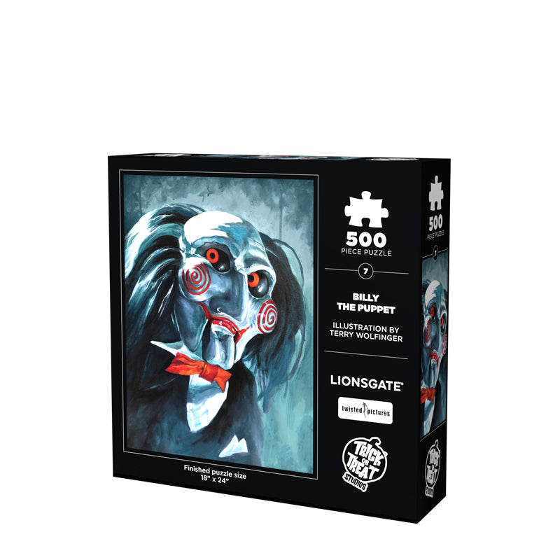 Product packaging. back. Black box, white text reads 500 piece puzzle, Billy the Puppet, illustration by Terry Wolfinger, Lionsgate, twisted pictures, white Trick or Treat Studios logo, finished puzzle size 18 inches by 24 inches. Illustration of the Saw Billy puppet head and shoulders, black and white background, balding with black hair, white face, black-rimmed red eyes, red spirals on cheeks, red lips on hinged ventriloquist dummy mouth. Wearing red bowtie, white collared shirt, black vest and suit coat.