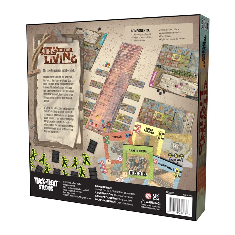 Back of game box listing and showing components. Manufacturing and licensing information