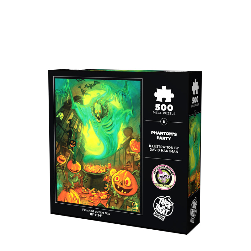 jigsaw puzzle box back. Illustration, green, orange, yellow, and black scene. Skeleton ghost in blue smokey robe hovering over cauldron, multiple jack o' lanterns in the foreground.  black cat, spooky house, bats and a wall in the background  White text reads 500 piece puzzle, Phantom's Party, Illustration by David Hartman, White Trick or Treat Studios logo. finished puzzle size 18 inches by 24 inches