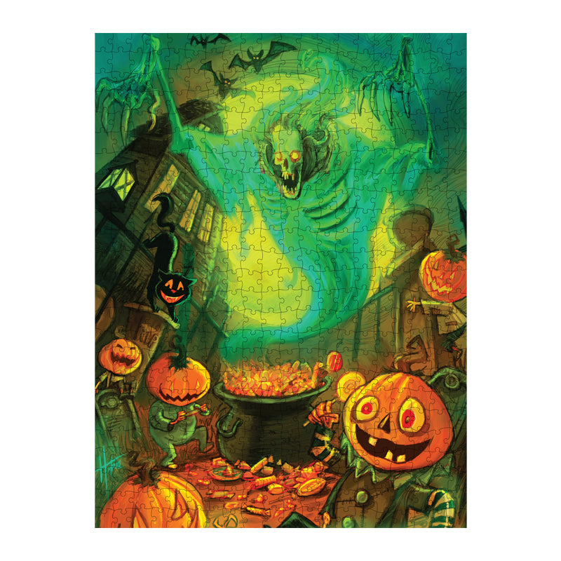 completed jigsaw puzzle. Illustration, green, orange, yellow, and black scene. Skeleton ghost in blue smokey robe hovering over cauldron, multiple jack o' lanterns in the foreground. black cat, spooky house, bats and a wall in the background