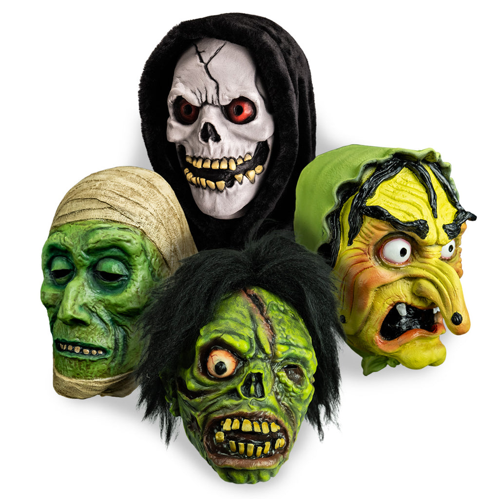 Set of Halloween-themed masks with various designs on a white background