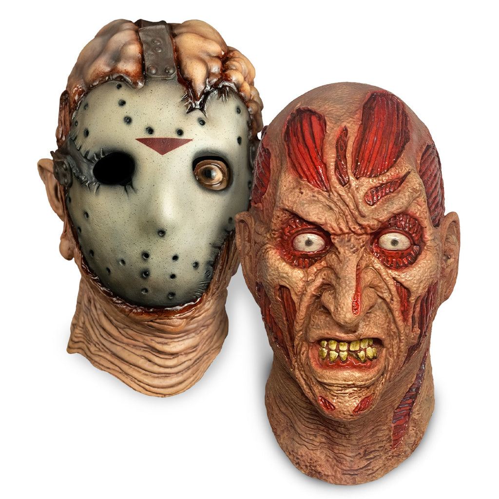 Two Halloween masks on a white background