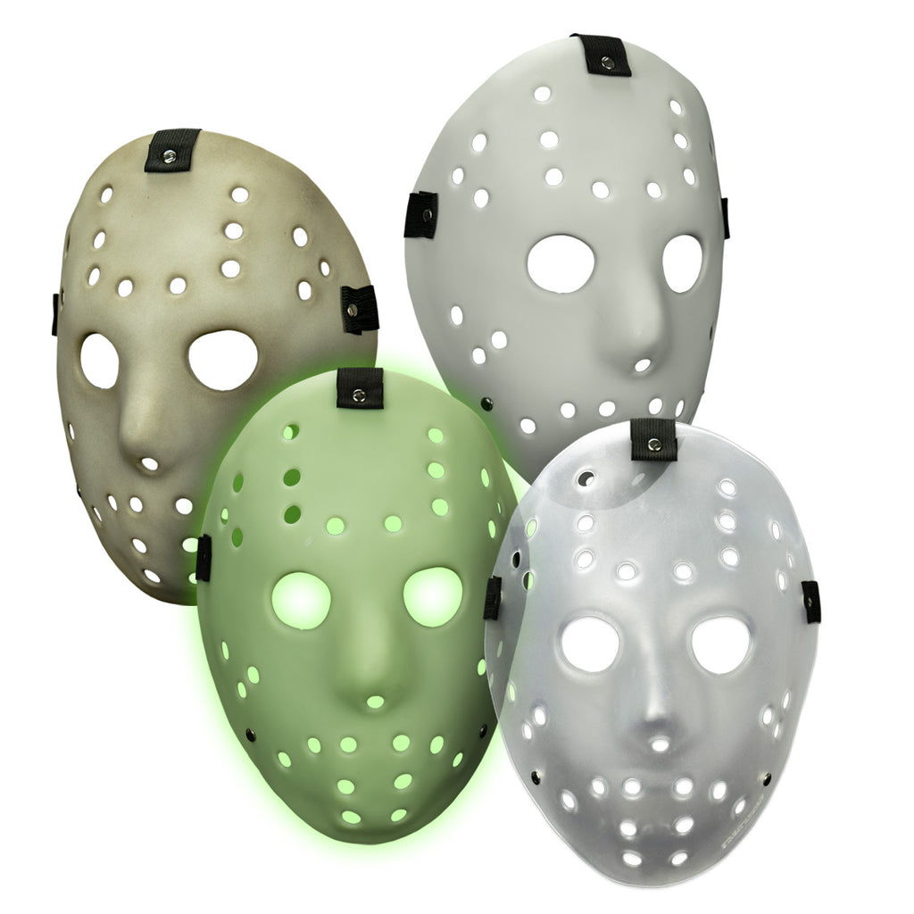 Four hockey masks in different colors on a white background