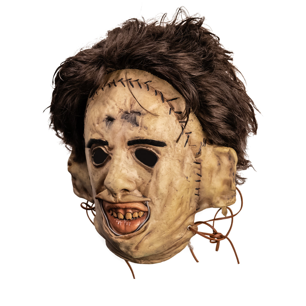 Leatherface latex mask with hair and leather thread details, side view